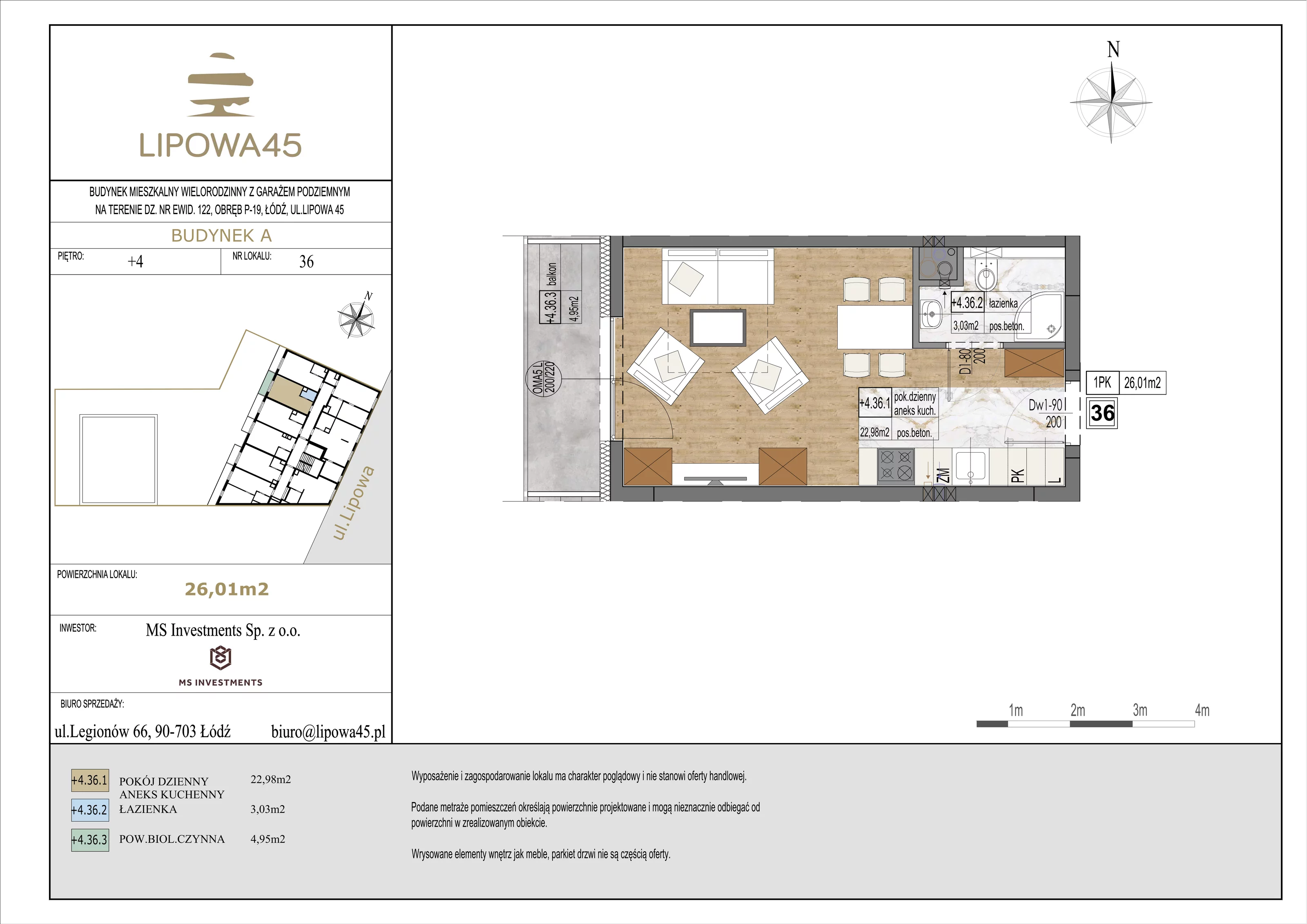 1 pokój, mieszkanie 26,01 m², piętro 4, oferta nr 36, Lipowa 45, Łódź, Polesie, ul. Lipowa 45